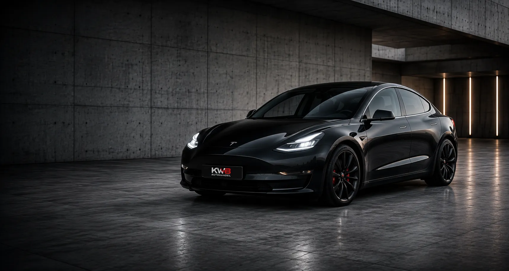 Czarna Tesla Model 3 z logo KWB-Autohandel na masce